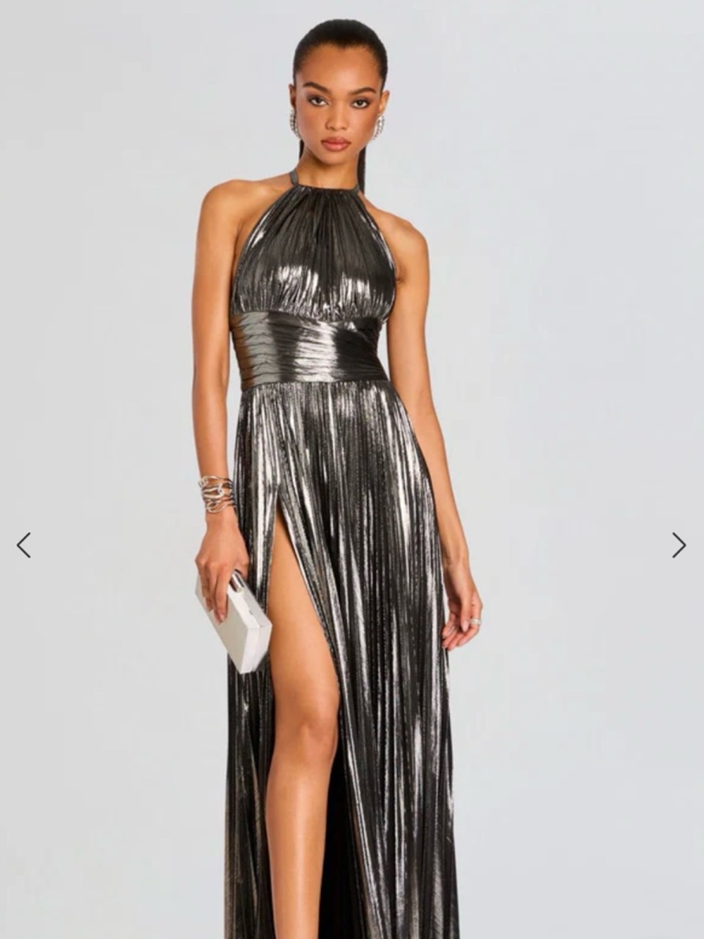 Brand new in the box w/tags Metallic Halter High-Slit Evening Gown Silver. Small